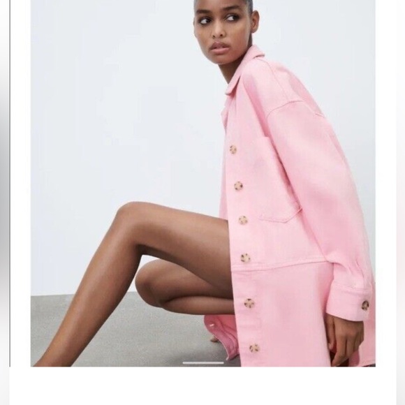 Barbie pink Zara oversize denim button down shirt jacket Sz Xsmall - Picture 5 of 8